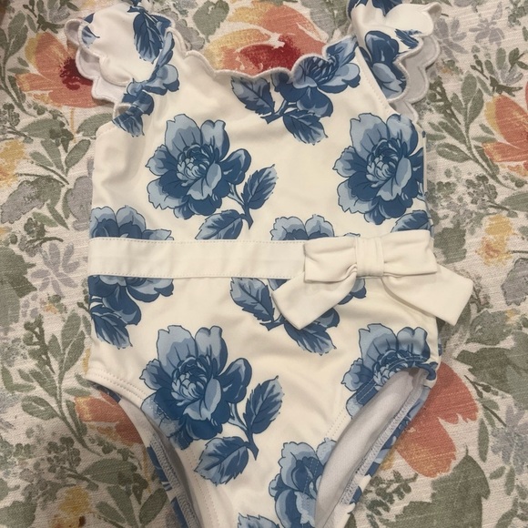 Janie and Jack White and Blue Floral Ruffle Swimsuit - Picture 1 of 5